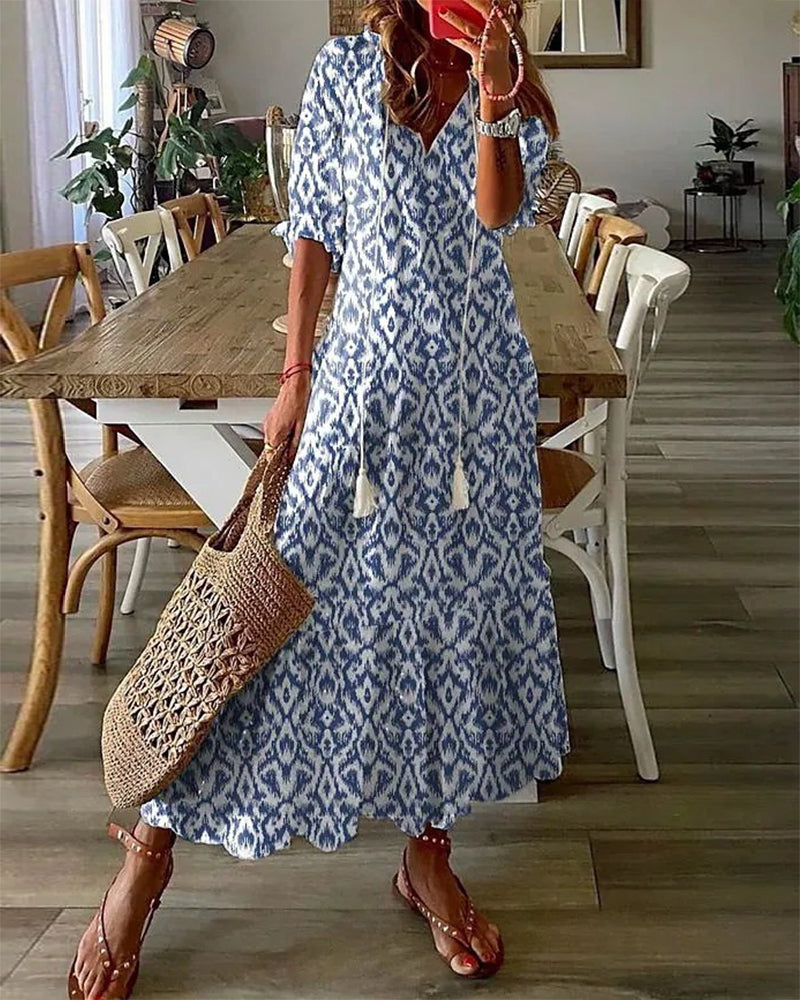 Andrea | V-Ausschnitt Bedrucktes Kleid