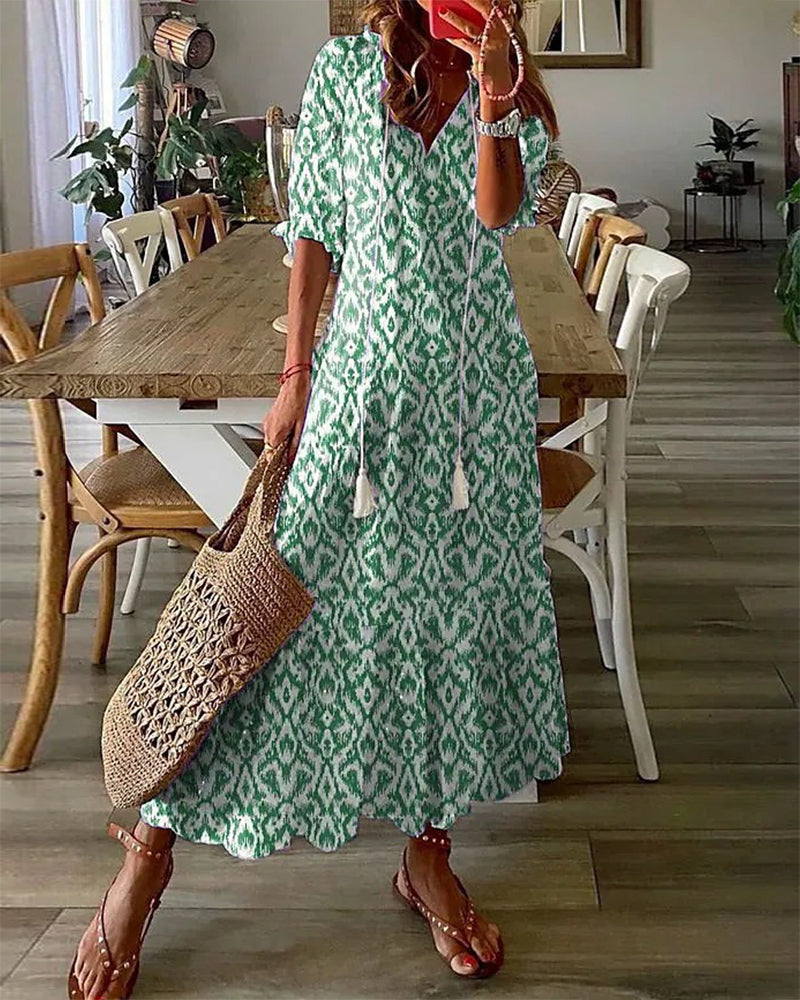 Andrea | V-Ausschnitt Bedrucktes Kleid