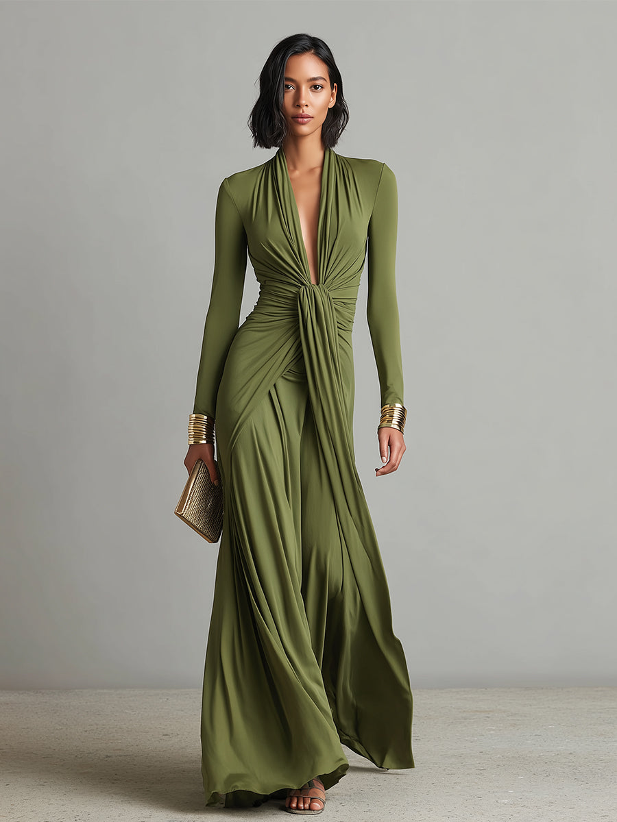 Oliv Seide Maxi Kleid V-Ausschnitt