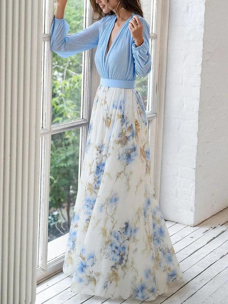 Madeleine | Atemberaubendes Maxikleid mit floralem Print und V-Ausschnitt