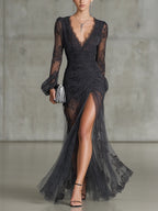 Sofia | Dunkelgraues Spitzen-Maxi-Kleid