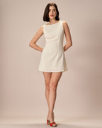 Beige Textured Mini Dress with Boat Neck