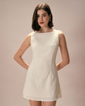 Beige Textured Mini Dress with Boat Neck