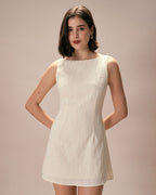 Beige Textured Mini Dress with Boat Neck