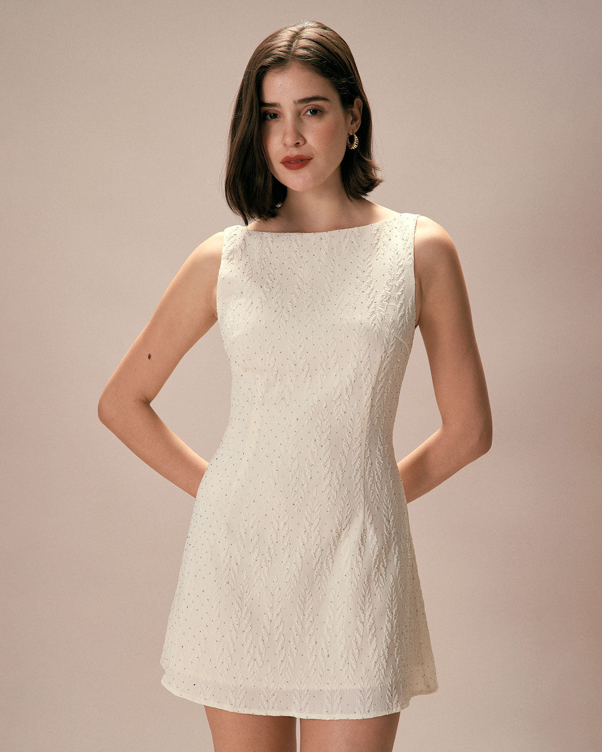 Beige Textured Mini Dress with Boat Neck