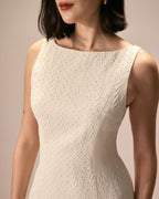 Beige Textured Mini Dress with Boat Neck