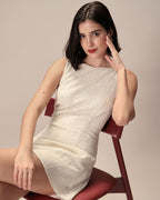 Beige Textured Mini Dress with Boat Neck