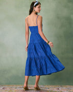 Blue Sweetheart Neck Embroidered Midi Slip Dress
