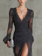 Sofia | Dunkelgraues Spitzen-Maxi-Kleid
