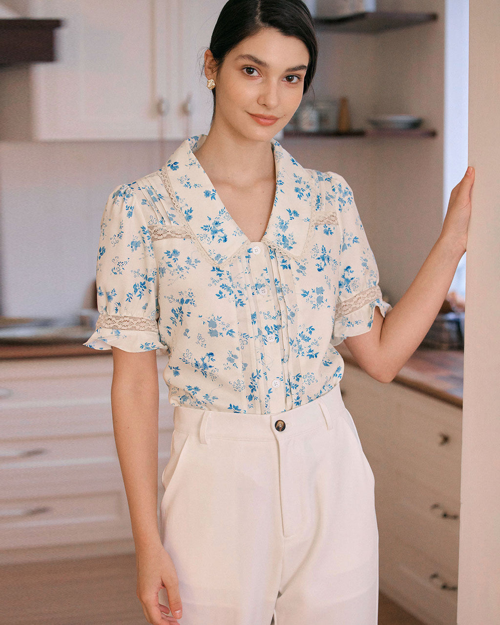Lace-Trimmed Pleated Floral Blouse