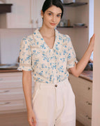 Lace-Trimmed Pleated Floral Blouse