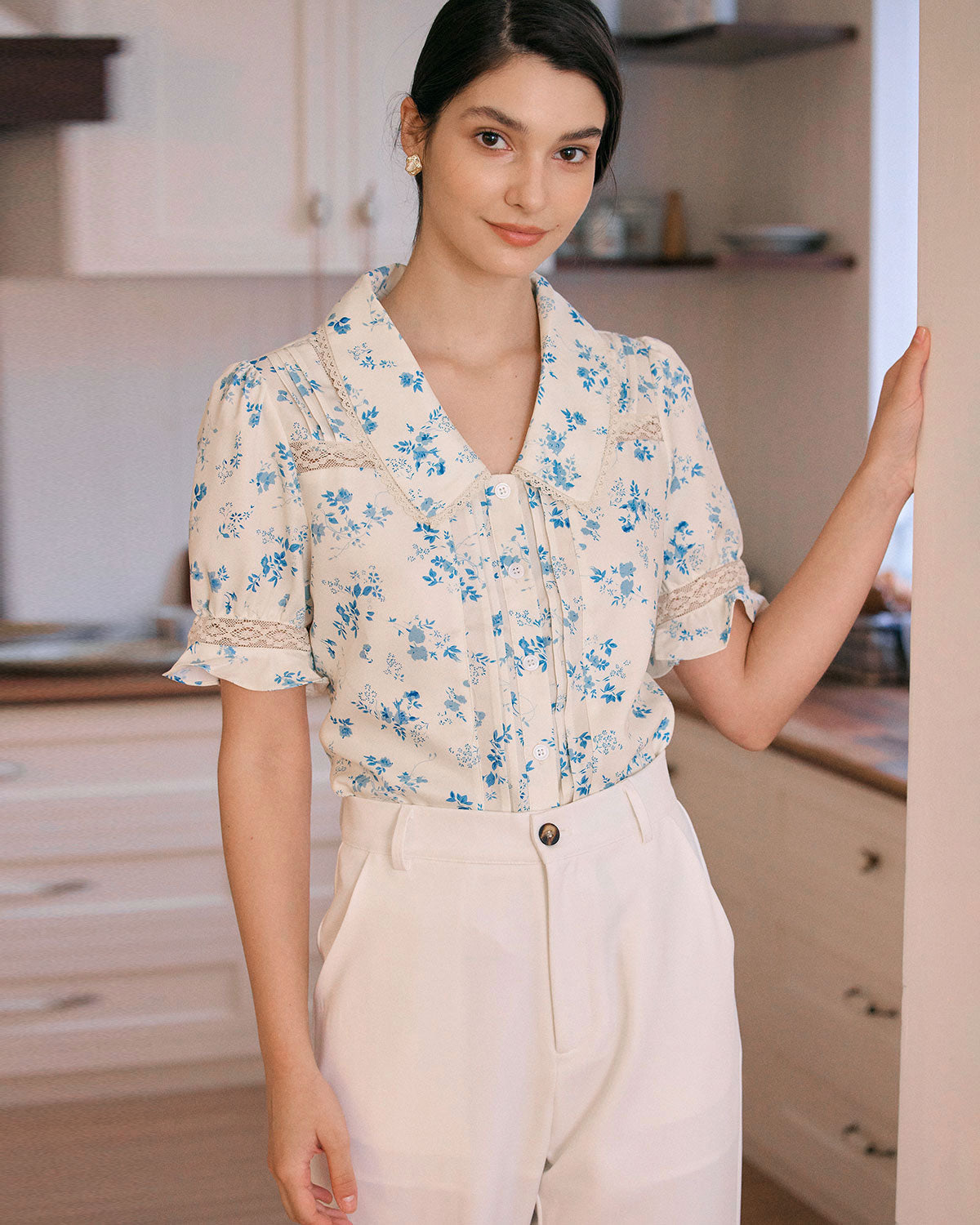 Lace-Trimmed Pleated Floral Blouse