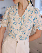 Lace-Trimmed Pleated Floral Blouse