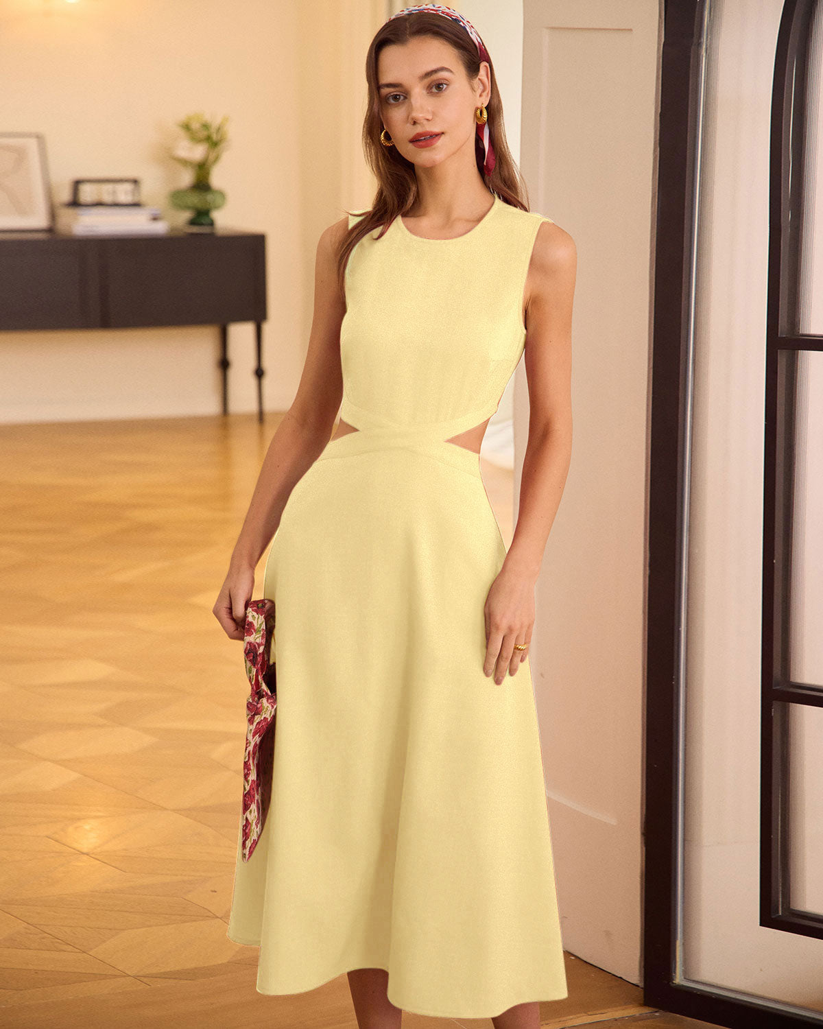 Yellow Midi Dress with Round Neck and Cut-Out Details