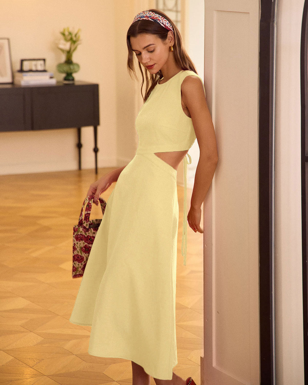 Yellow Midi Dress with Round Neck and Cut-Out Details