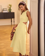 Yellow Midi Dress with Round Neck and Cut-Out Details
