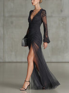 Sofia | Dunkelgraues Spitzen-Maxi-Kleid
