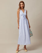 Striped Maxi Dress with Blue V-Neck and Shirred Details