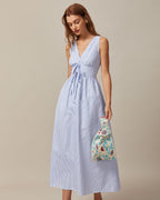 Striped Maxi Dress with Blue V-Neck and Shirred Details