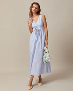 Striped Maxi Dress with Blue V-Neck and Shirred Details