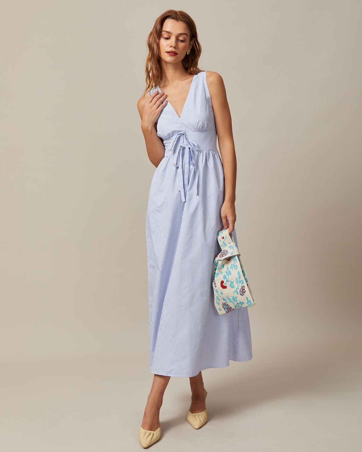 Striped Maxi Dress with Blue V-Neck and Shirred Details