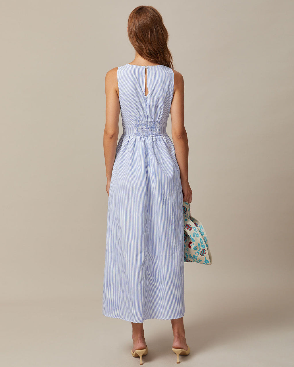 Striped Maxi Dress with Blue V-Neck and Shirred Details