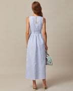 Striped Maxi Dress with Blue V-Neck and Shirred Details