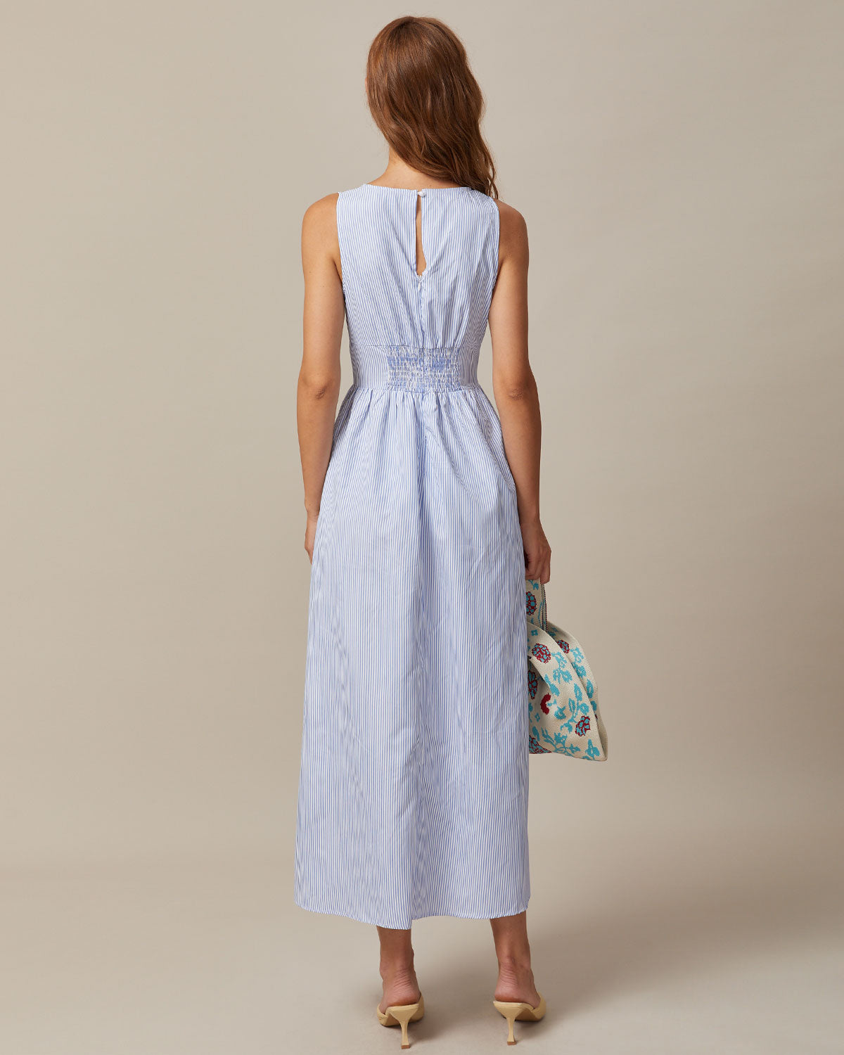 Striped Maxi Dress with Blue V-Neck and Shirred Details