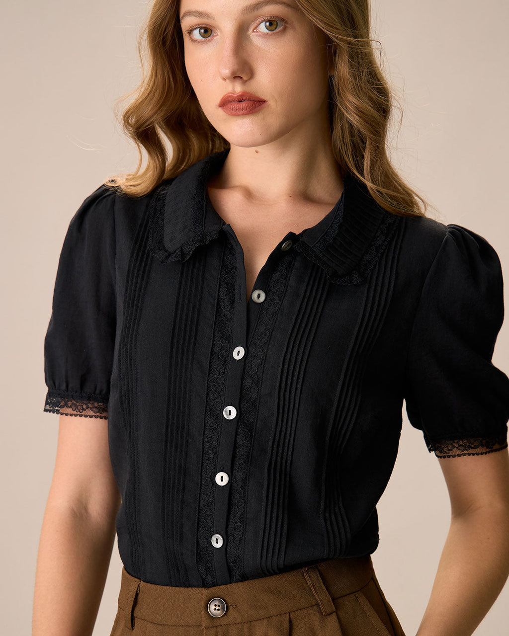 Women's Black Cotton Blouse with Chelsea Collar and Lace Trim