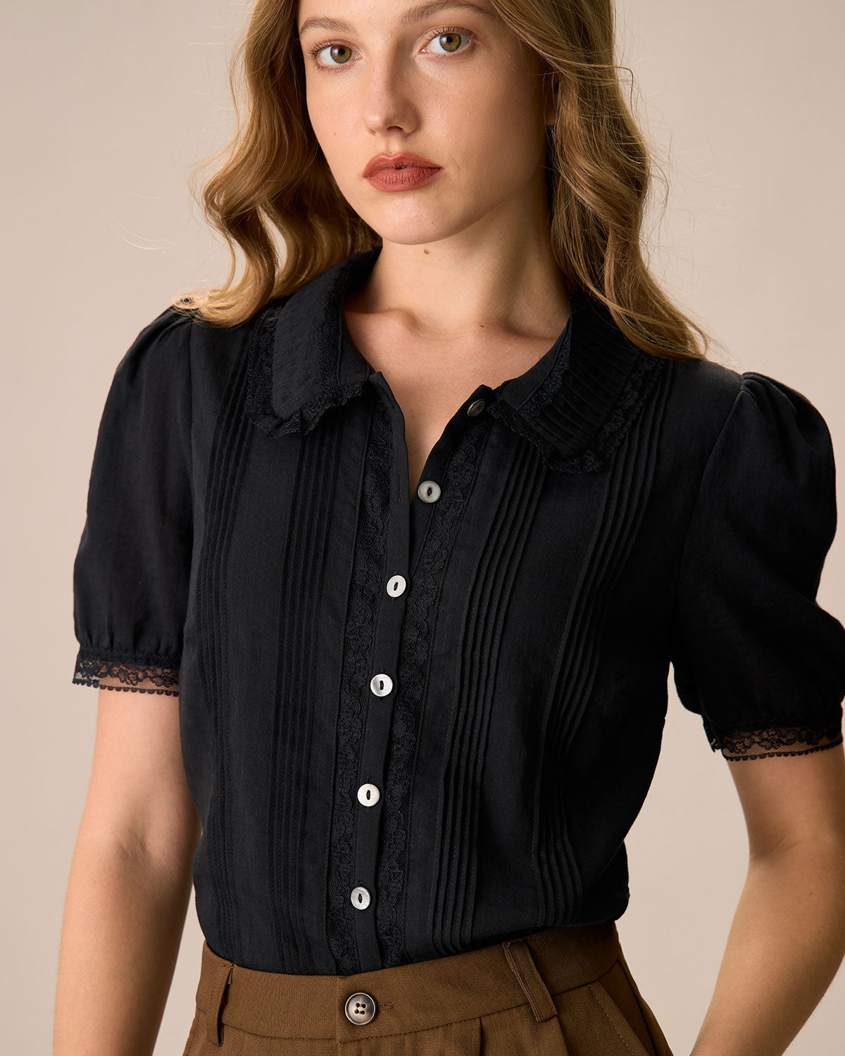 Women's Black Cotton Blouse with Chelsea Collar and Lace Trim