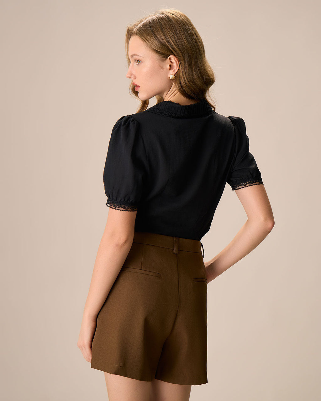Women's Black Cotton Blouse with Chelsea Collar and Lace Trim