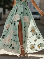 Julie | Hellgrünes Floral Chiffon Ein-Schulter Maxikleid