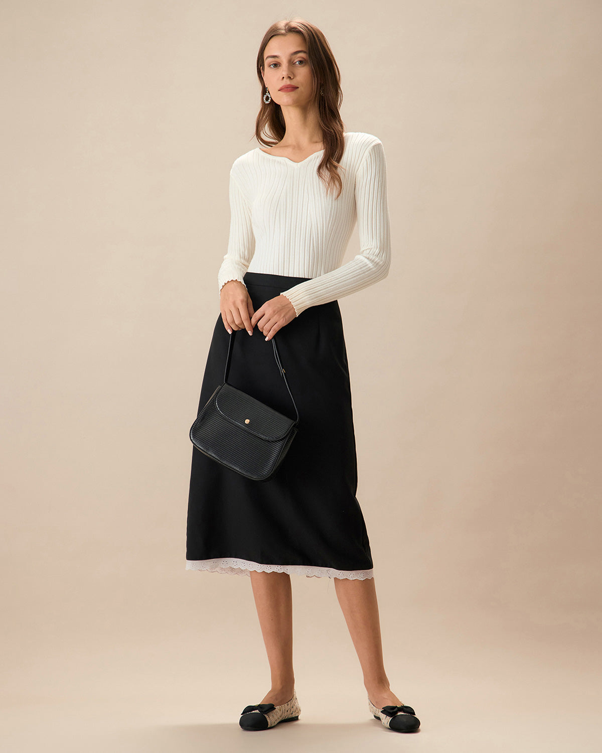 White V-Neck Ribbed Knit Top with Teardrop Detail