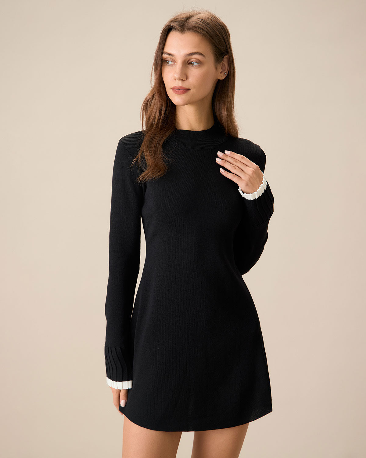 Black Long Sleeve Mini Dress with Contrasting Details