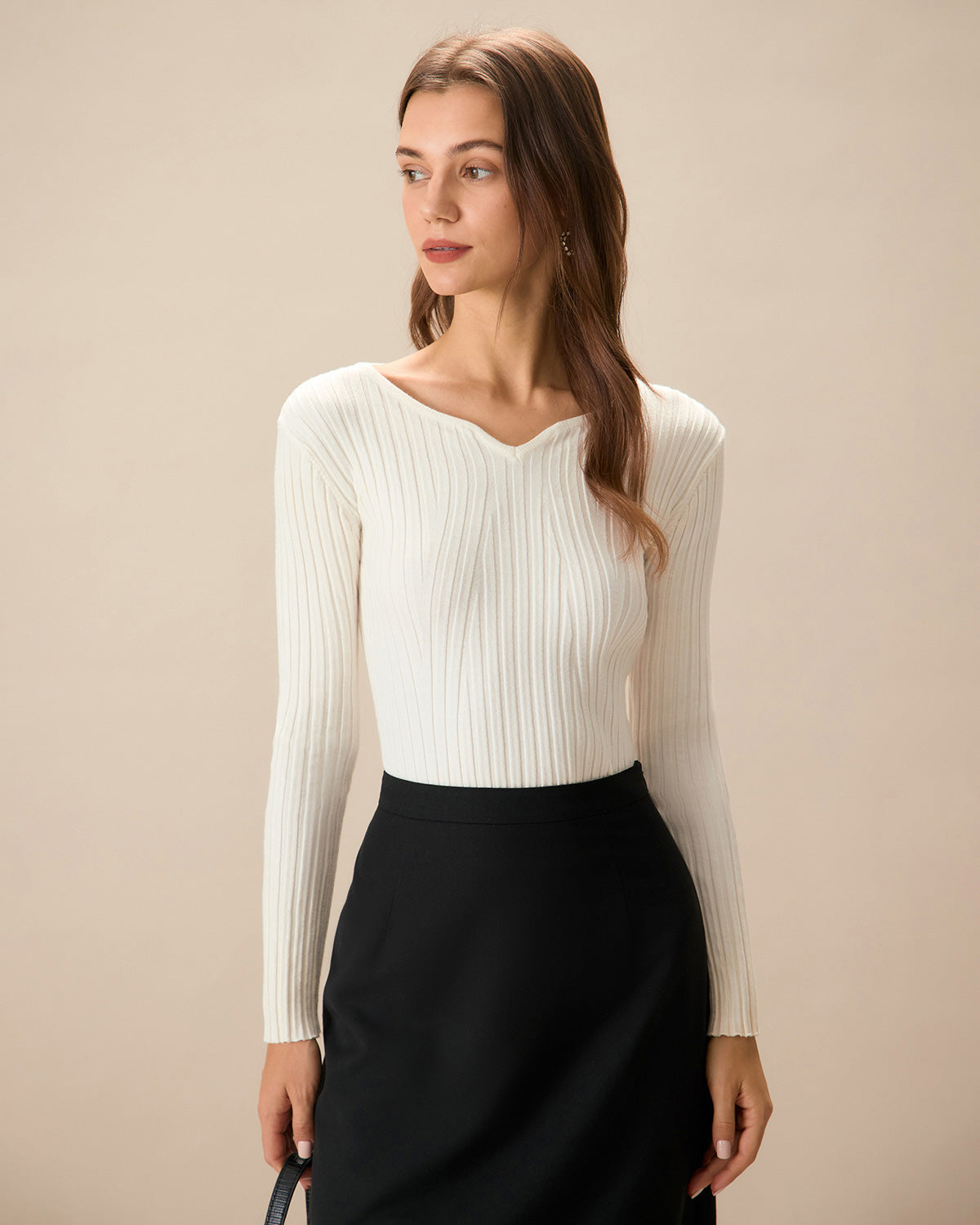 White V-Neck Ribbed Knit Top with Teardrop Detail