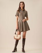 Brown Plaid Pleated Mini Dress with Lapel
