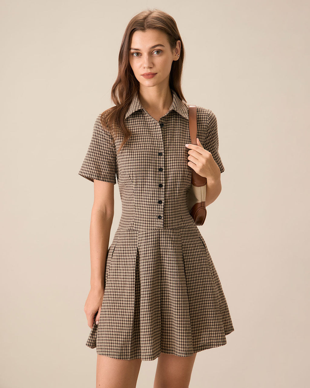 Brown Plaid Pleated Mini Dress with Lapel