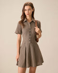 Brown Plaid Pleated Mini Dress with Lapel