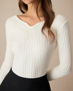 White V-Neck Ribbed Knit Top with Teardrop Detail