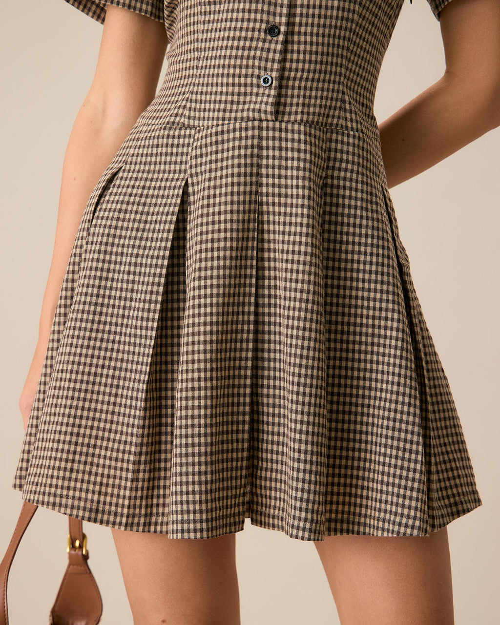 Brown Plaid Pleated Mini Dress with Lapel