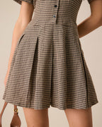 Brown Plaid Pleated Mini Dress with Lapel
