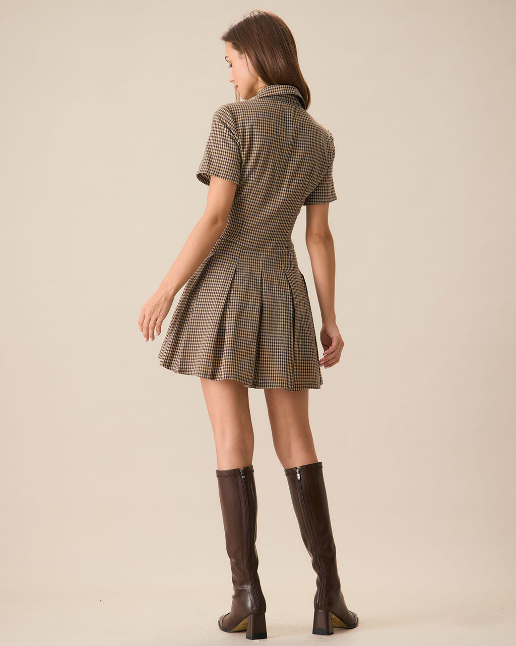 Brown Plaid Pleated Mini Dress with Lapel