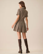 Brown Plaid Pleated Mini Dress with Lapel