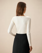 White V-Neck Ribbed Knit Top with Teardrop Detail