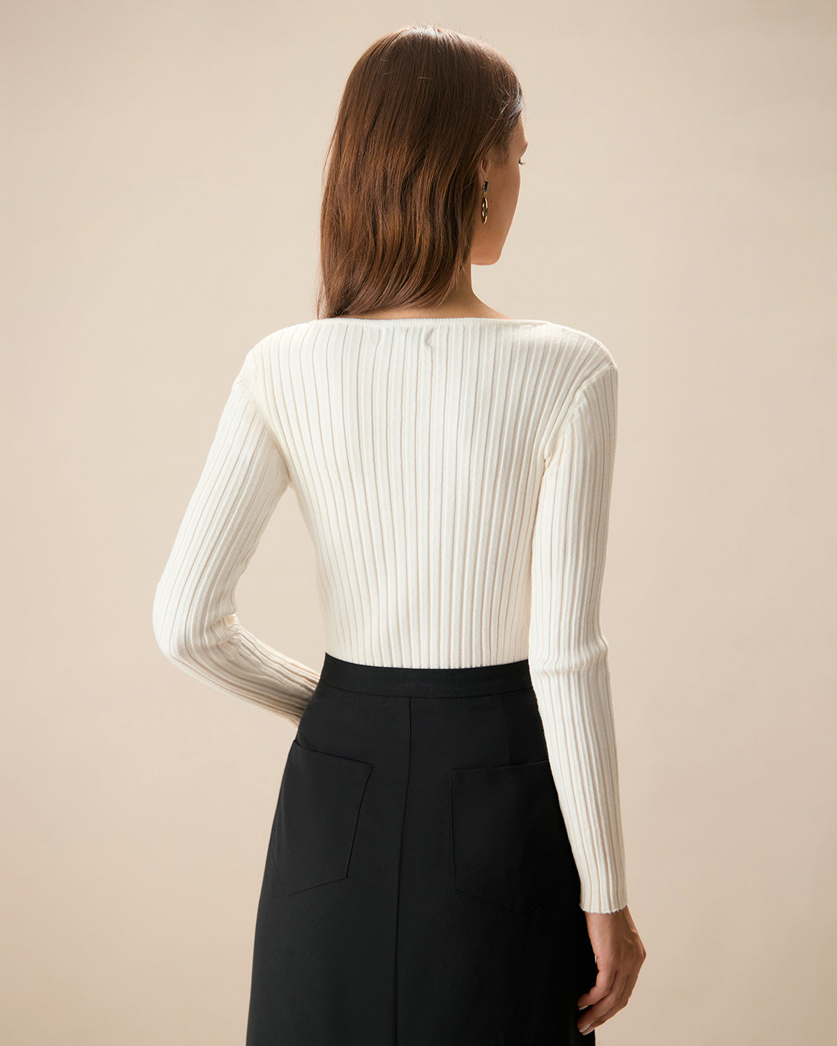 White V-Neck Ribbed Knit Top with Teardrop Detail