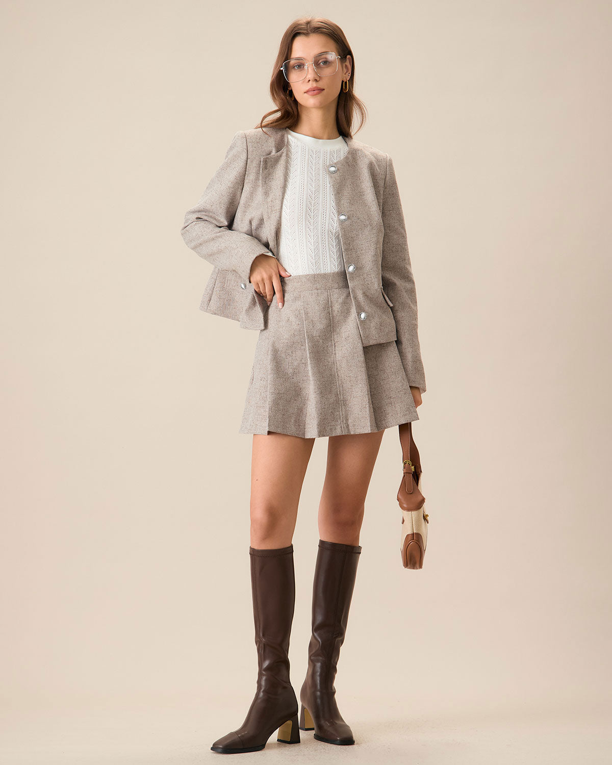Khaki Pleated Mini Skirt with Pockets