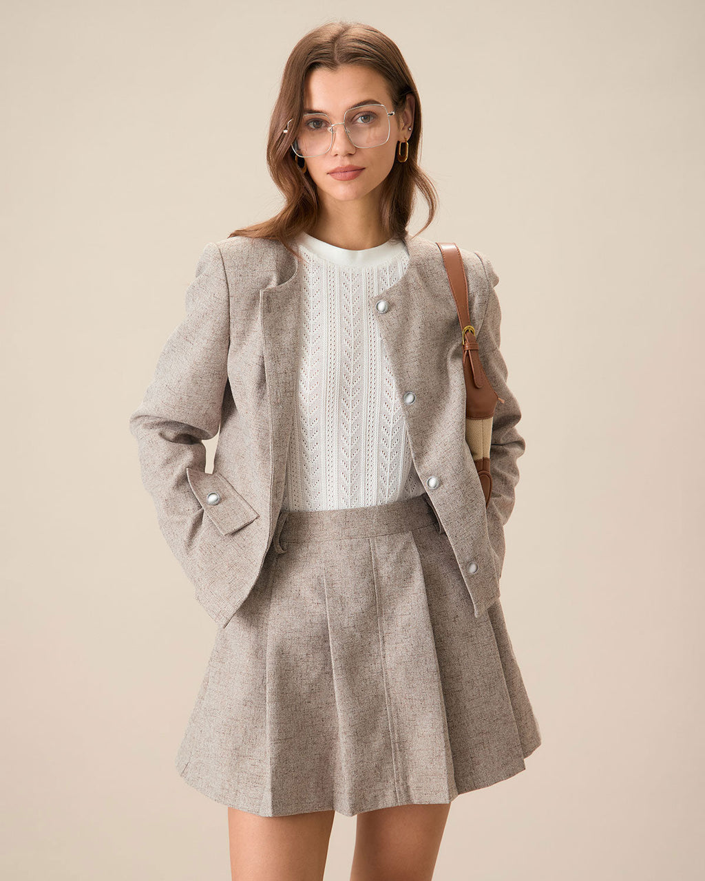 Khaki Pleated Mini Skirt with Pockets