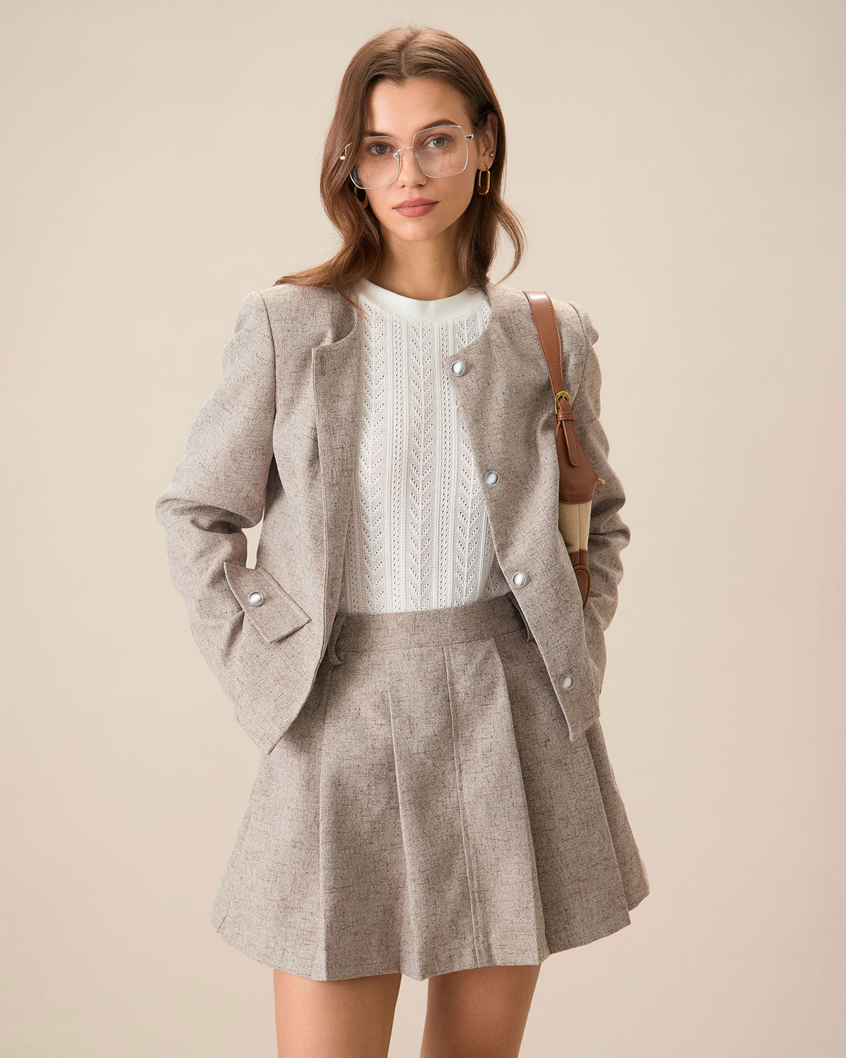 Khaki Pleated Mini Skirt with Pockets