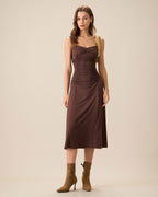Women's Ruched Knit Midi Dress in Coffee