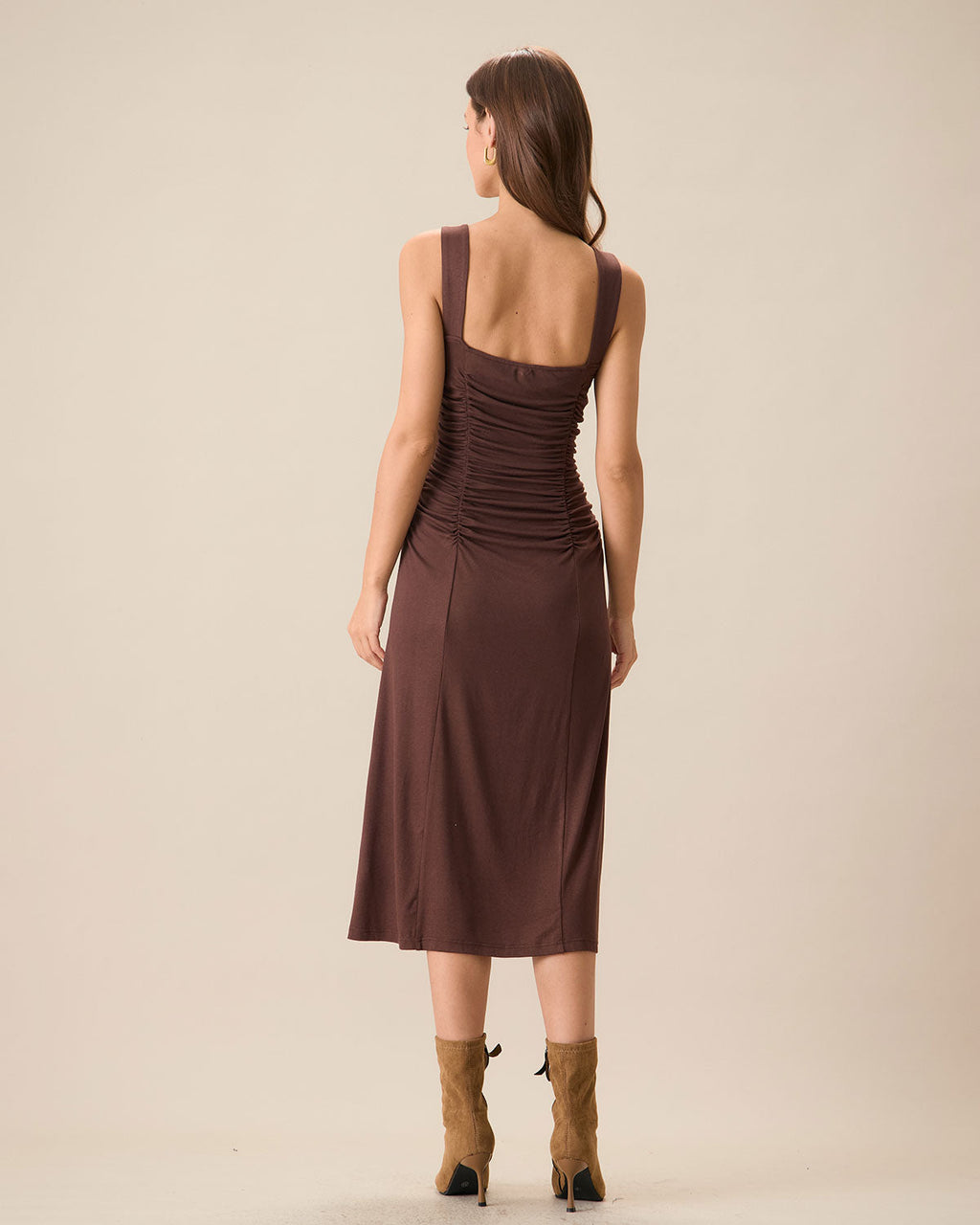 Women's Ruched Knit Midi Dress in Coffee